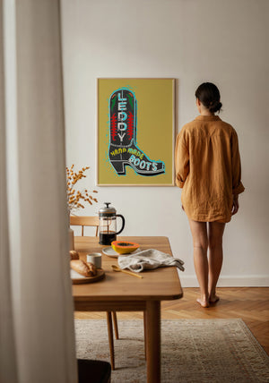Leddy Boot Ochre cowboy boot art print by Betsy Crum — framed with velvet mat