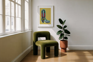 Leddy Boot Ochre cowboy boot art print by Betsy Crum — framed with velvet mat