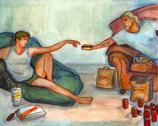 Creation Of Sonic Print pop culture parody by Caya Crum showing two people sharing Sonic fast food in a living room setting