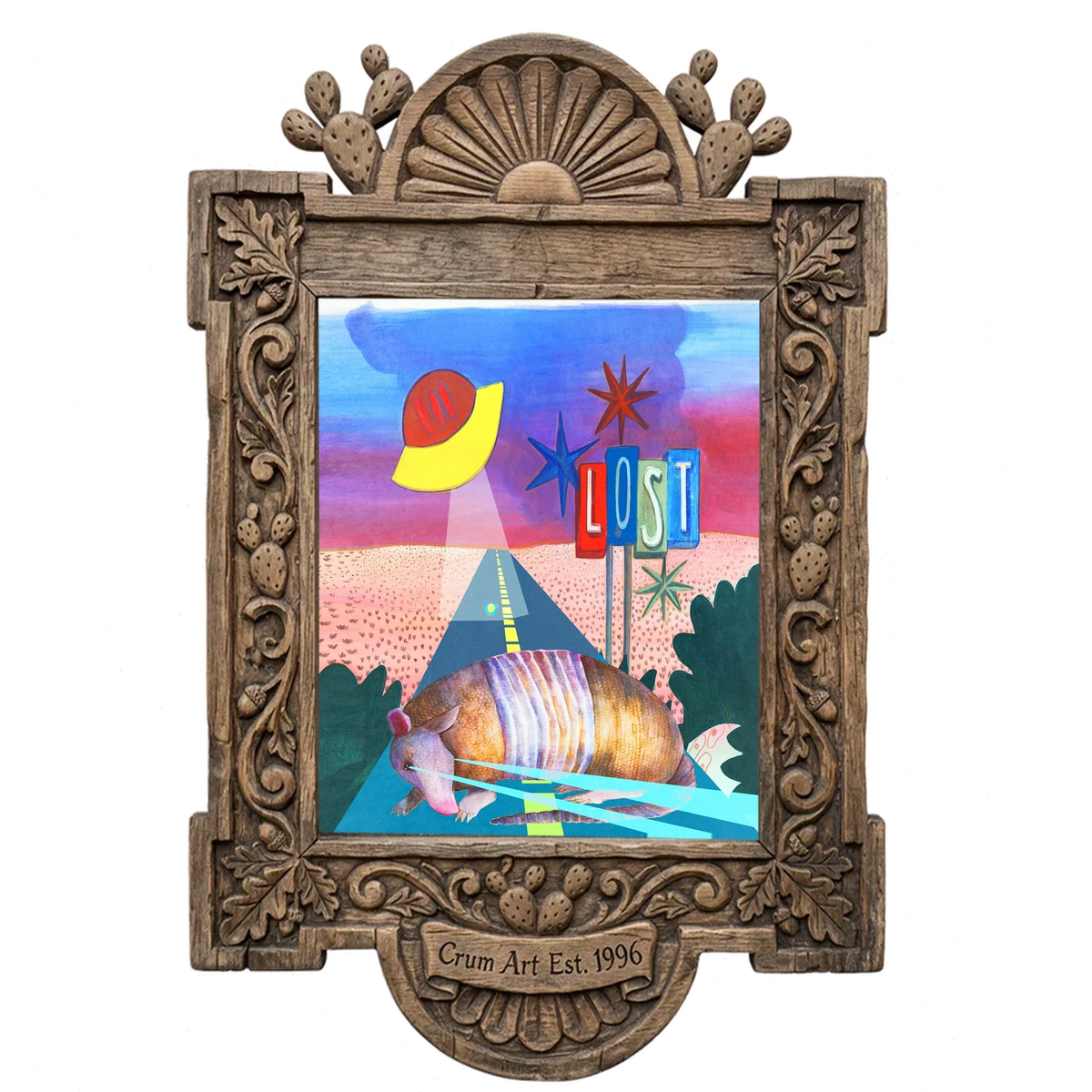 Armadillo UFO Spaceship — armadillo art print by Caya Crum in a carved wood frame