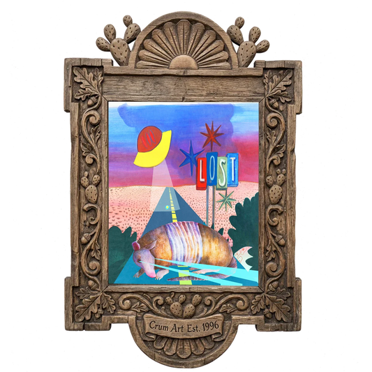 Armadillo UFO Spaceship — armadillo art print by Caya Crum in a carved wood frame