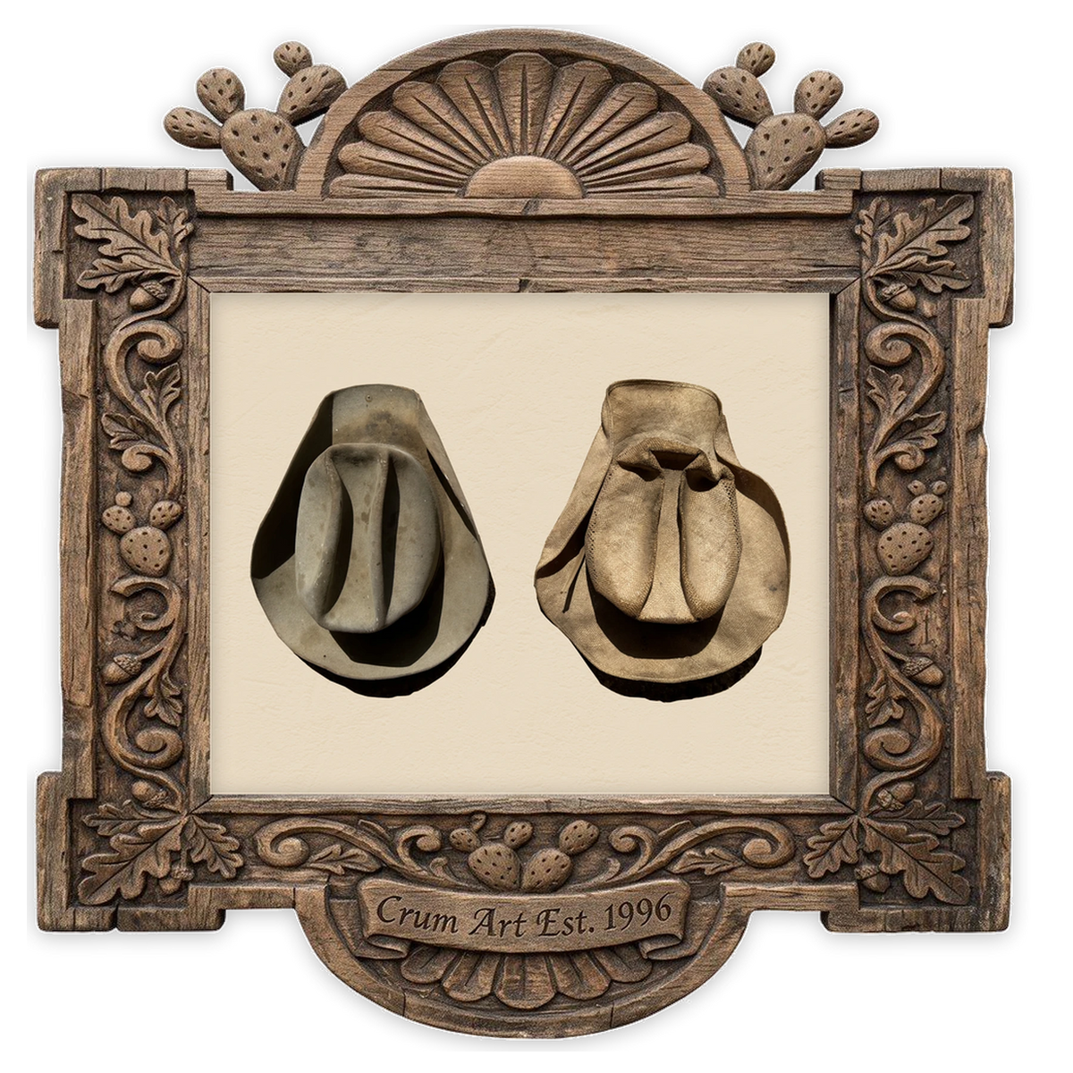 Rancher Comp Arnold's Cowboy Hats — western art print by Carl Crum in a horizontal carved wood frame