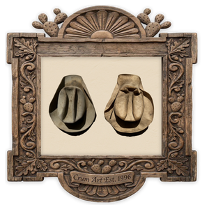 Rancher Comp Arnold's Cowboy Hats — western art print by Carl Crum in a horizontal carved wood frame