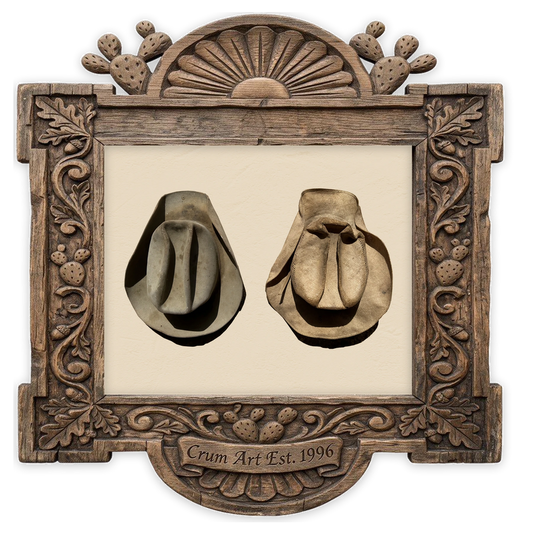 Rancher Comp Arnold's Cowboy Hats — western art print by Carl Crum in a horizontal carved wood frame