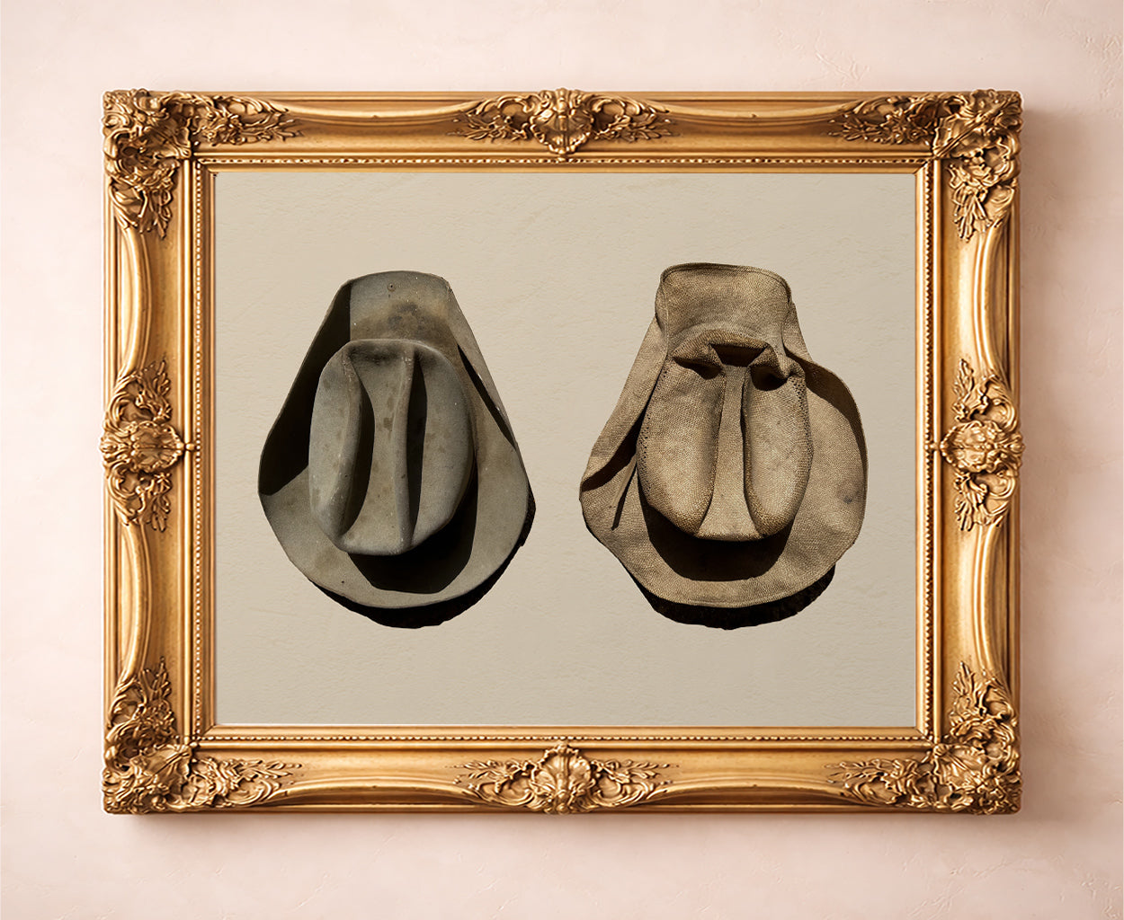 Comp Arnold's cowboy hats western art print by Carl Crum in a gold frame