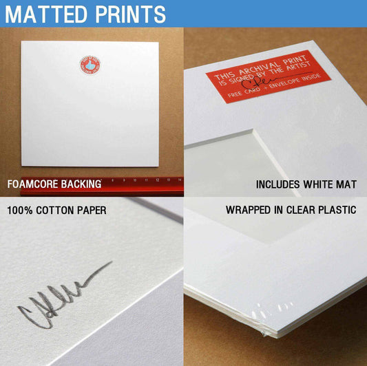 Matted Texas Brand  Essentials print by Caya Crum on 100% cotton paper with foamcore backing, white mat, artist signature, and clear plastic wrap.