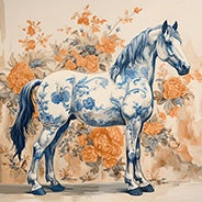 Chinoiserie Horse Print with Orange Flowers | Blue and White Horse Art and Western Prints | Betsy Crum | Crum Art