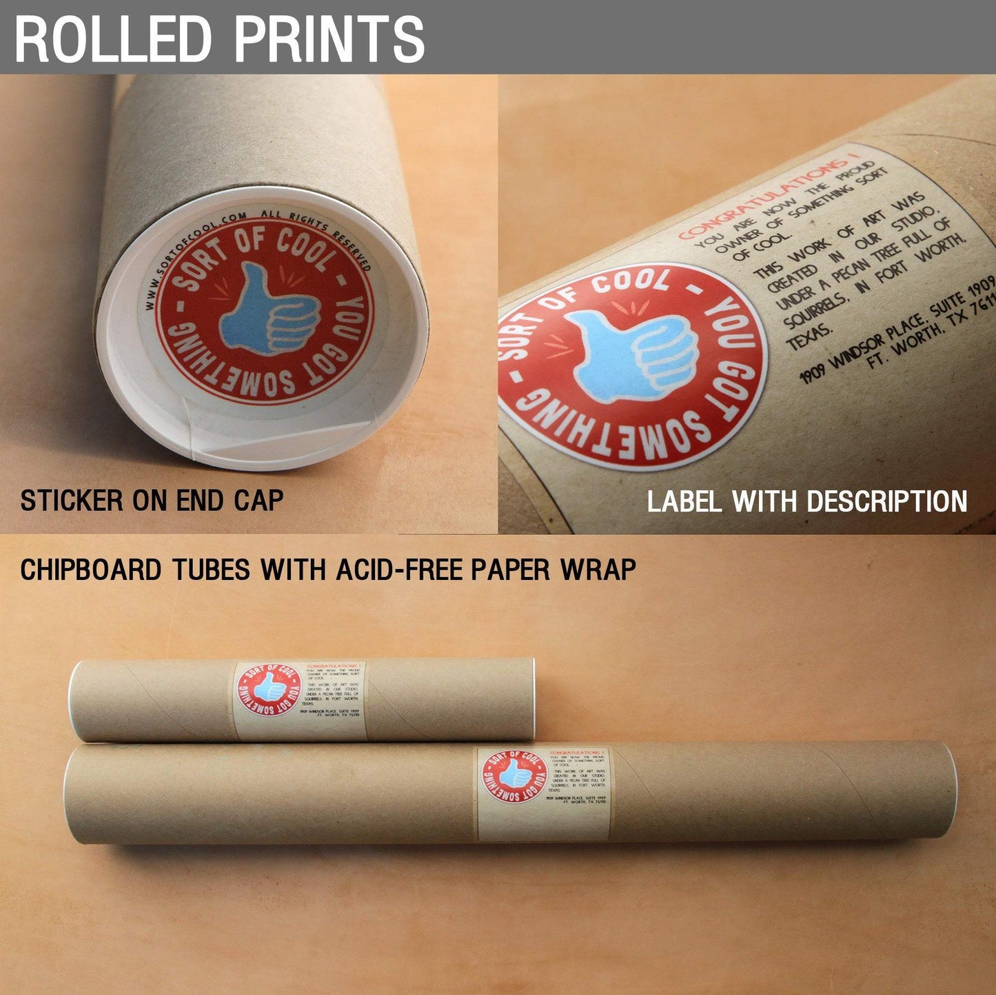 Rolled prints in chipboard tubes with acid-free paper wrap, featuring Carl Crum Art label and end cap sticker.