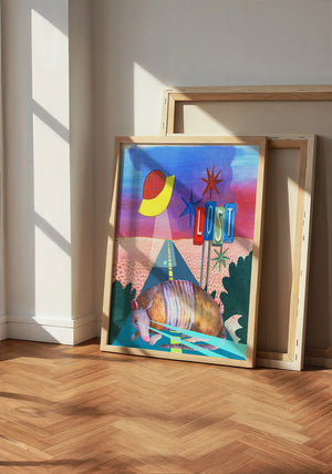 Armadillo UFO Spaceship desert art print by Caya Crum — neutral frame room mockup