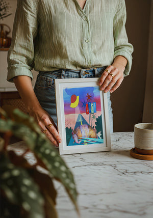 Armadillo UFO Spaceship desert art print by Caya Crum — neutral frame room mockup
