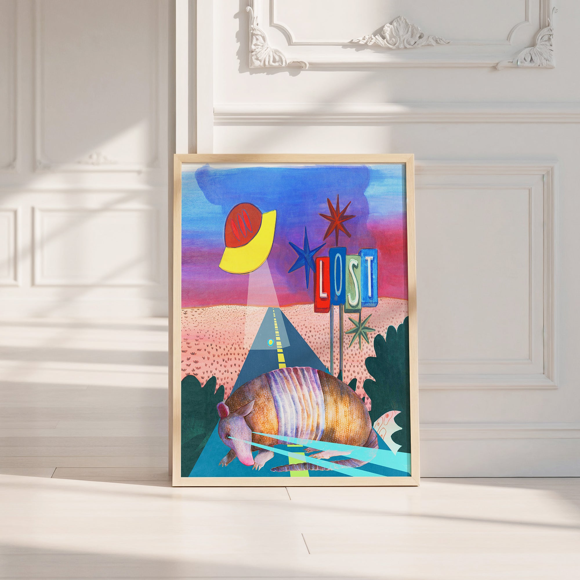 Armadillo UFO Spaceship desert art print by Caya Crum — neutral frame room mockup