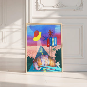 Armadillo UFO Spaceship desert art print by Caya Crum — neutral frame room mockup