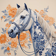 Chinoiserie Horse Blue White shown framed by Crum Art