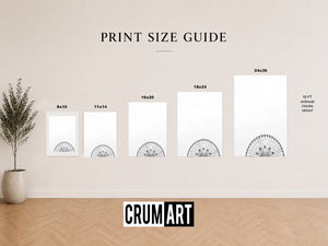 Crum Art print size guide showing 8x10, 11x14, 16x20, 18x24, and 24x36 wall art sizes