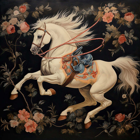 Western Romance Carousel Se art print of white horse with ornate saddle and floral background by Betsy Crum