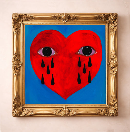 Crying Heart Art Print Mystical Wall Art by Caya Crum, inspired by witchy symbolism, tarot-like imagery, magic, and a vivid red heart with watchful eyes and black tears on a saturated blue background, available at crumart.com. This museum quality print is made right here in Texas.