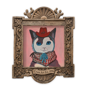 Cherry Cat Cowgirl — cat art print by Caya Crum in a square carved wood frame