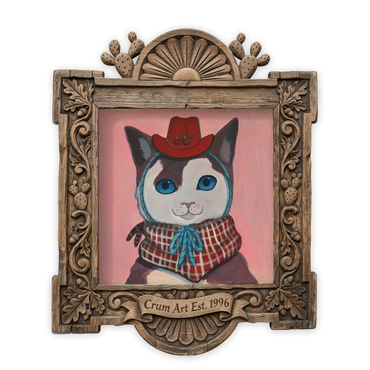 Cherry Cat Cowgirl — cat art print by Caya Crum in a square carved wood frame