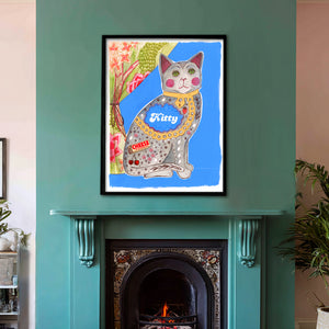 Punk rock preppy kitty art print by Caya Crum, cute Staffordshire cat maximalist wall art