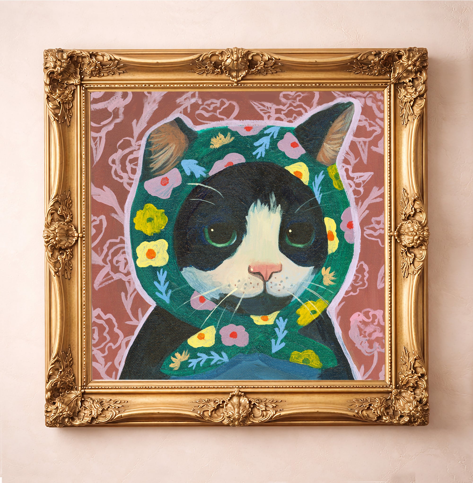 Cute cat art print by Caya Crum, Little Mama tuxedo cat in a floral headscarf, cottagecore cat wall art, hand-signed