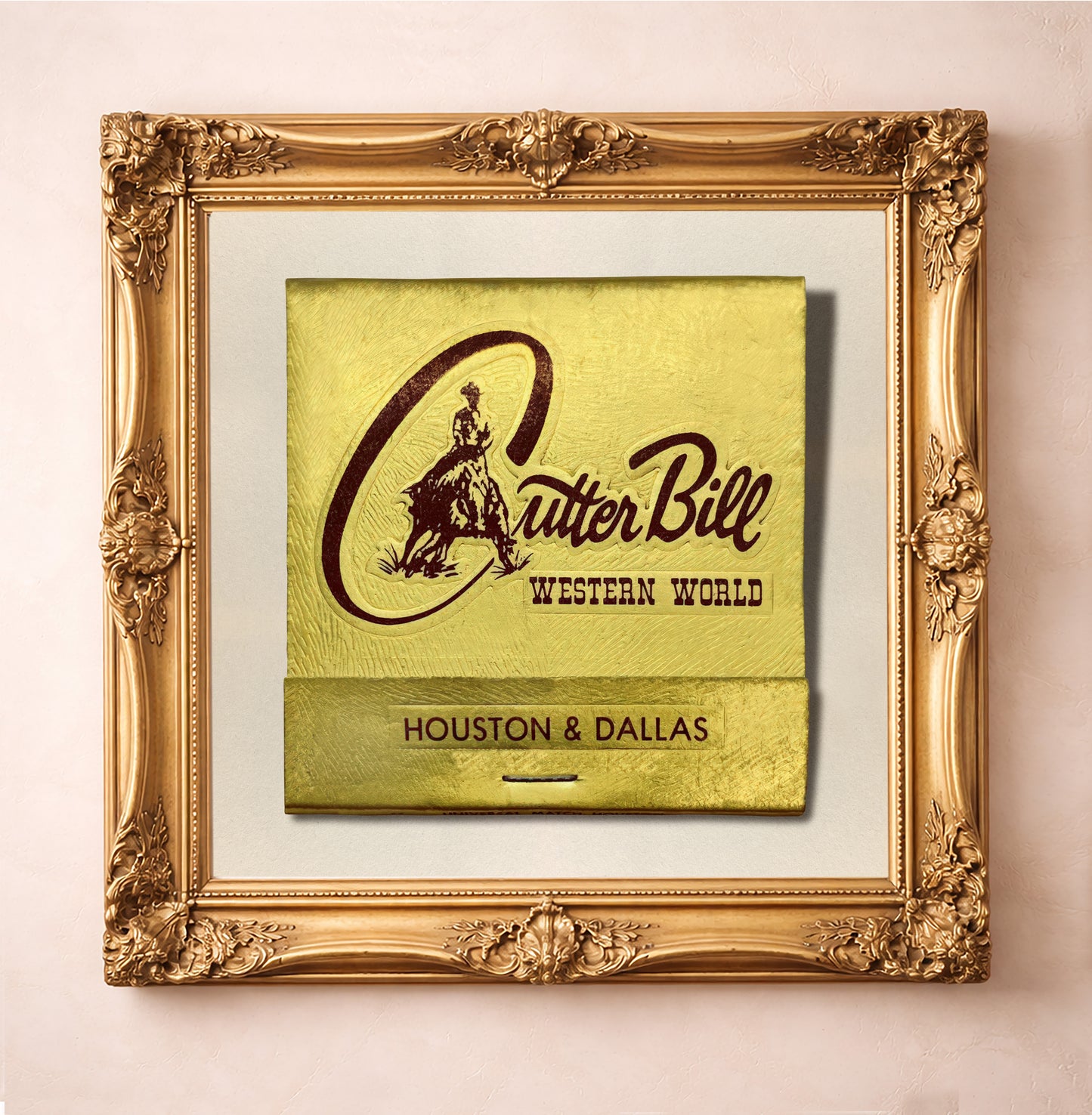 Western Art - Cutter Bill Western World Matchbook Art Print by Crum Art, a matted archival art print in a gold frame inspired by Texas rodeo lore, vintage western ephemera, and the larger-than-life swagger of Rex Cauble and his cutter horse, Cutter Bill. This museum quality print is made right here in Texas.