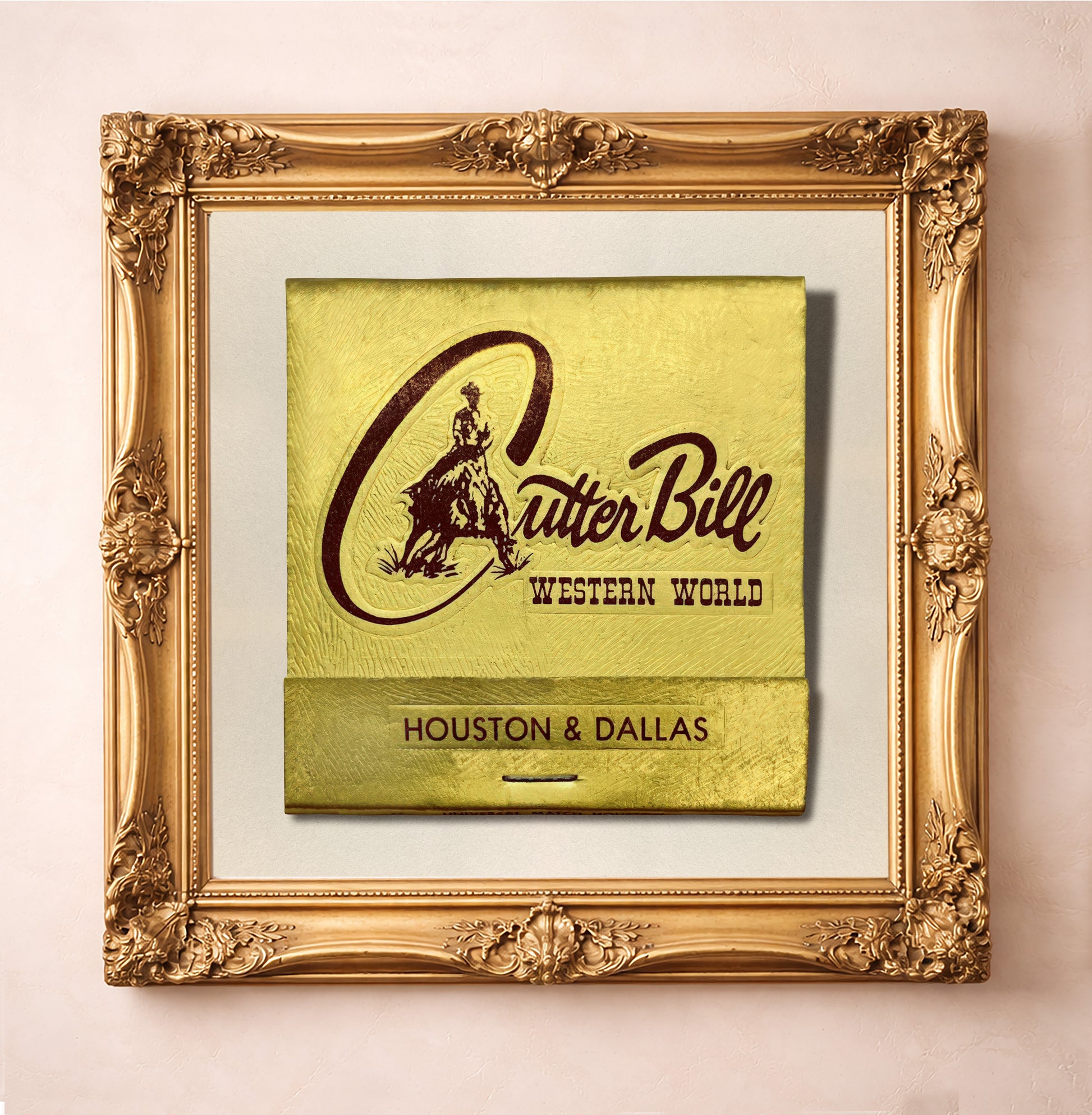 Western Art - Cutter Bill Western World Matchbook Art Print by Crum Art, a matted archival art print in a gold frame inspired by Texas rodeo lore, vintage western ephemera, and the larger-than-life swagger of Rex Cauble and his cutter horse, Cutter Bill. This museum quality print is made right here in Texas.