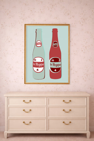 Dr Pepper twin 10 2 4 bottles print by Betsy Crum above a dresser