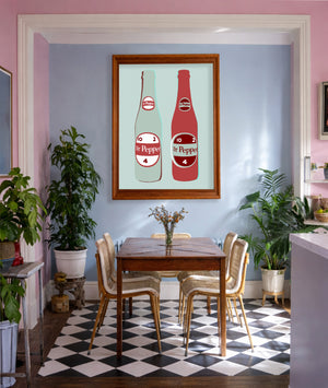 Dr Pepper twin bottles print by Betsy Crum in a pink and blue room