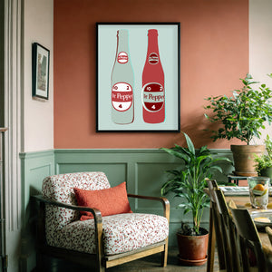 Dr Pepper twin bottles print by Betsy Crum in a soft neutral corner
