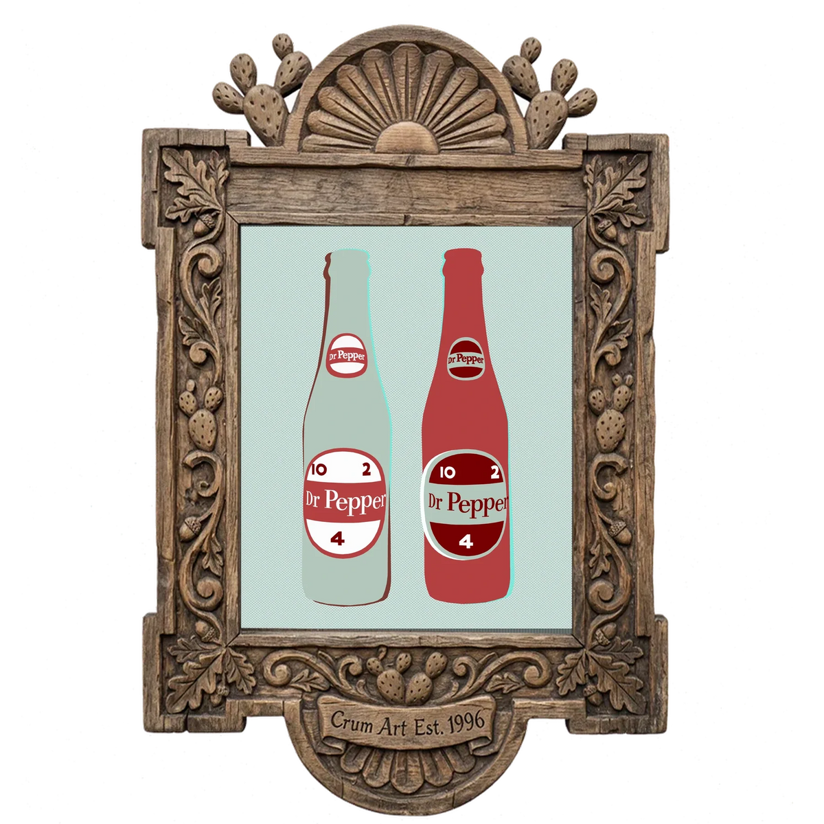 Twin 10 2 4 Bottles — Dr Pepper art print by Betsy Crum in a carved wood frame
