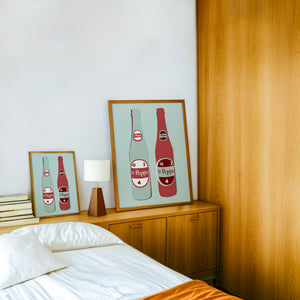 Dr Pepper Twin 10 2 4 Bottles art print by Betsy Crum — framed in a wood-accent room