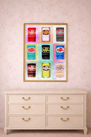Dr Pepper Warhol pop art print by Betsy Crum framed above a dresser
