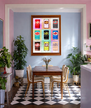 Dr Pepper art print framed in a pink and blue room, Warhol-inspired pop art by Betsy Crum