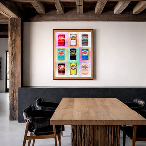 Dr Pepper pop art print framed in a rustic room with wood beams, Texas soda wall art by Betsy Crum