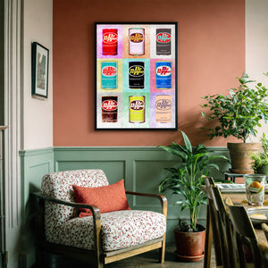 Dr Pepper art print by Betsy Crum shown framed in a soft neutral corner