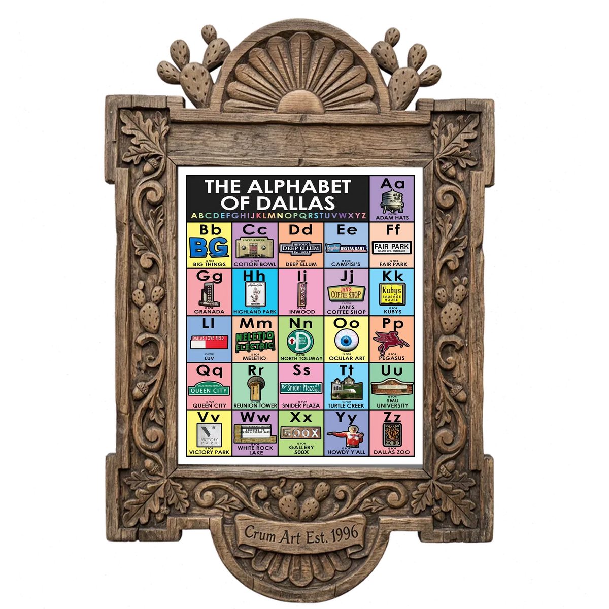 Alphabet — Dallas art print by Betsy Crum in a carved wood frame