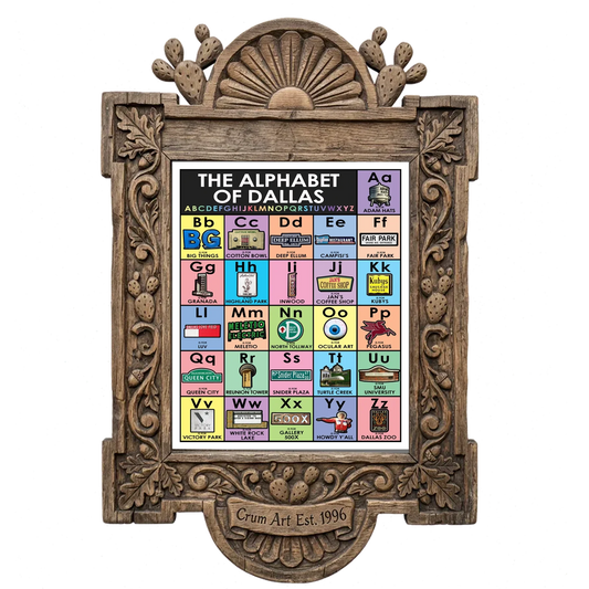 Alphabet — Dallas art print by Betsy Crum in a carved wood frame