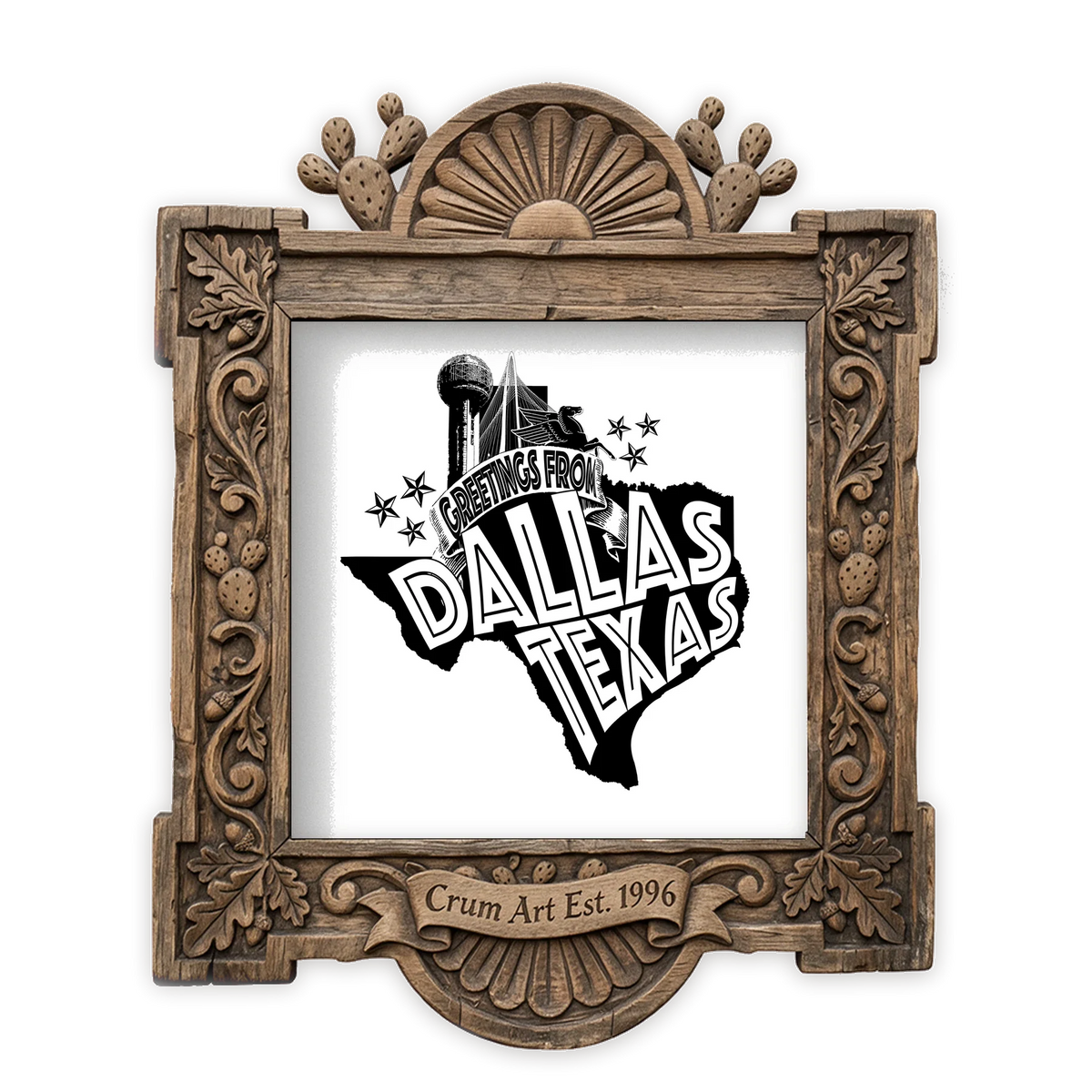 Greetings From Dallas — Dallas art print by Carl Crum in a square carved wood frame