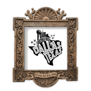 Greetings From Dallas — Dallas art print by Carl Crum in a square carved wood frame