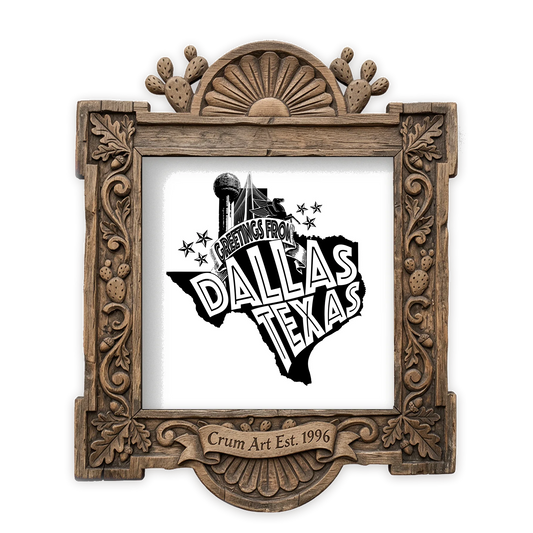 Greetings From Dallas — Dallas art print by Carl Crum in a square carved wood frame