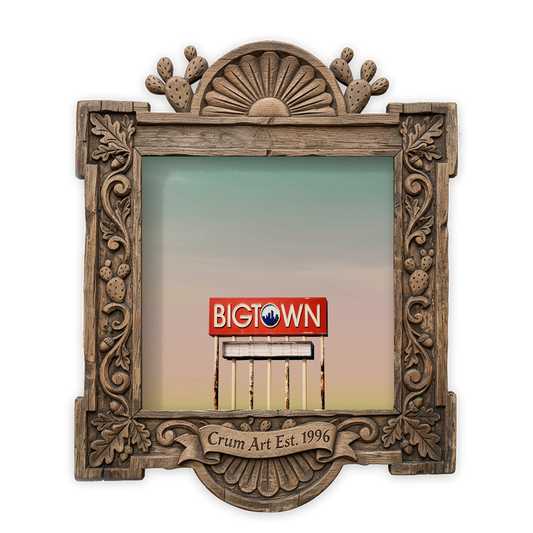 Big Town Sign — Dallas art print by Betsy Crum in a square carved wood frame