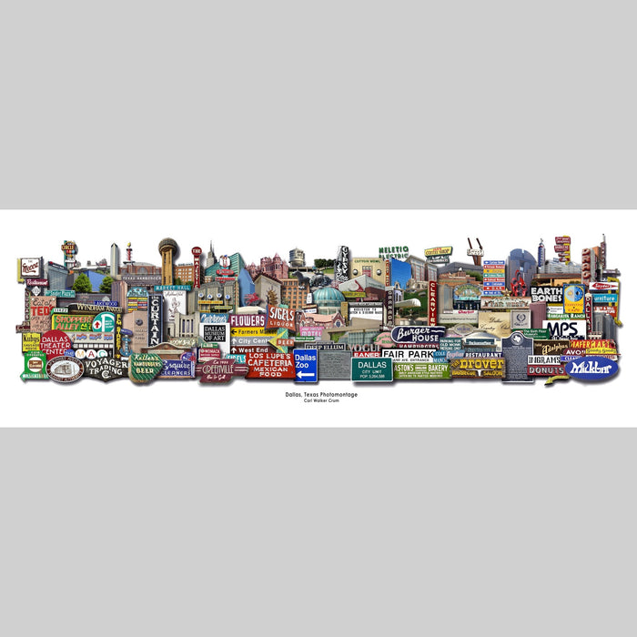 Dallas signs and landmarks photomontage art print by Carl Crum, hand-signed Dallas wall art