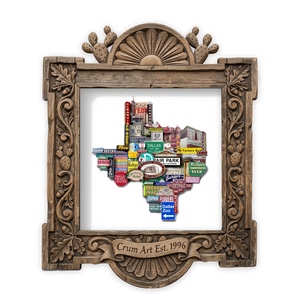 Texas Shaped Photomontage — Dallas art print by Carl Crum in a square carved wood frame