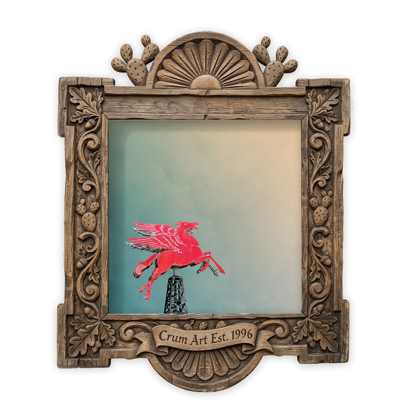 Dallas Art | Pegasus Flying Red Horse, Square | Betsy Crum — art print in a carved wood frame, Crum Art