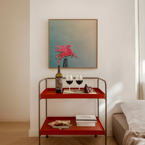 Pegasus flying red horse Dallas art print by Betsy Crum framed in a styled room