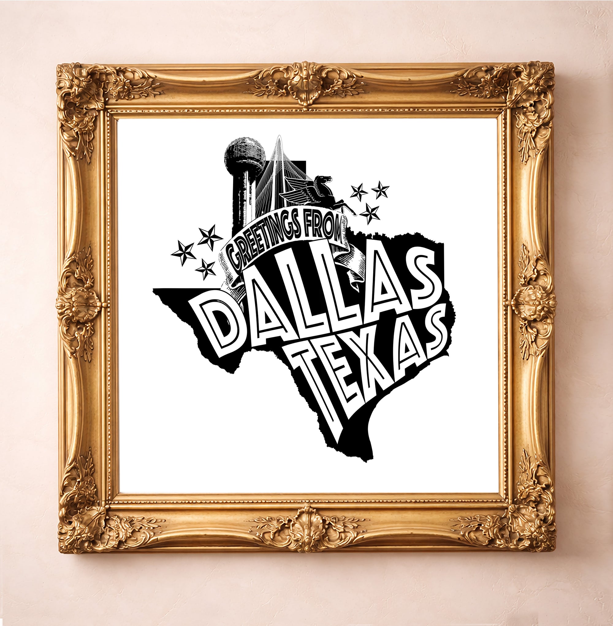 Dallas Art Greetings From Dallas Print by Carl Crum, inspired by retro postcard graphics, black-and-white city style, and iconic Dallas landmarks like Pegasus, Reunion Tower, and the city skyline, available at crumart.com. This museum quality print is made right here in Texas.