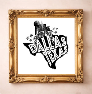 Dallas Art Greetings From Dallas Print by Carl Crum, inspired by retro postcard graphics, black-and-white city style, and iconic Dallas landmarks like Pegasus, Reunion Tower, and the city skyline, available at crumart.com. This museum quality print is made right here in Texas.