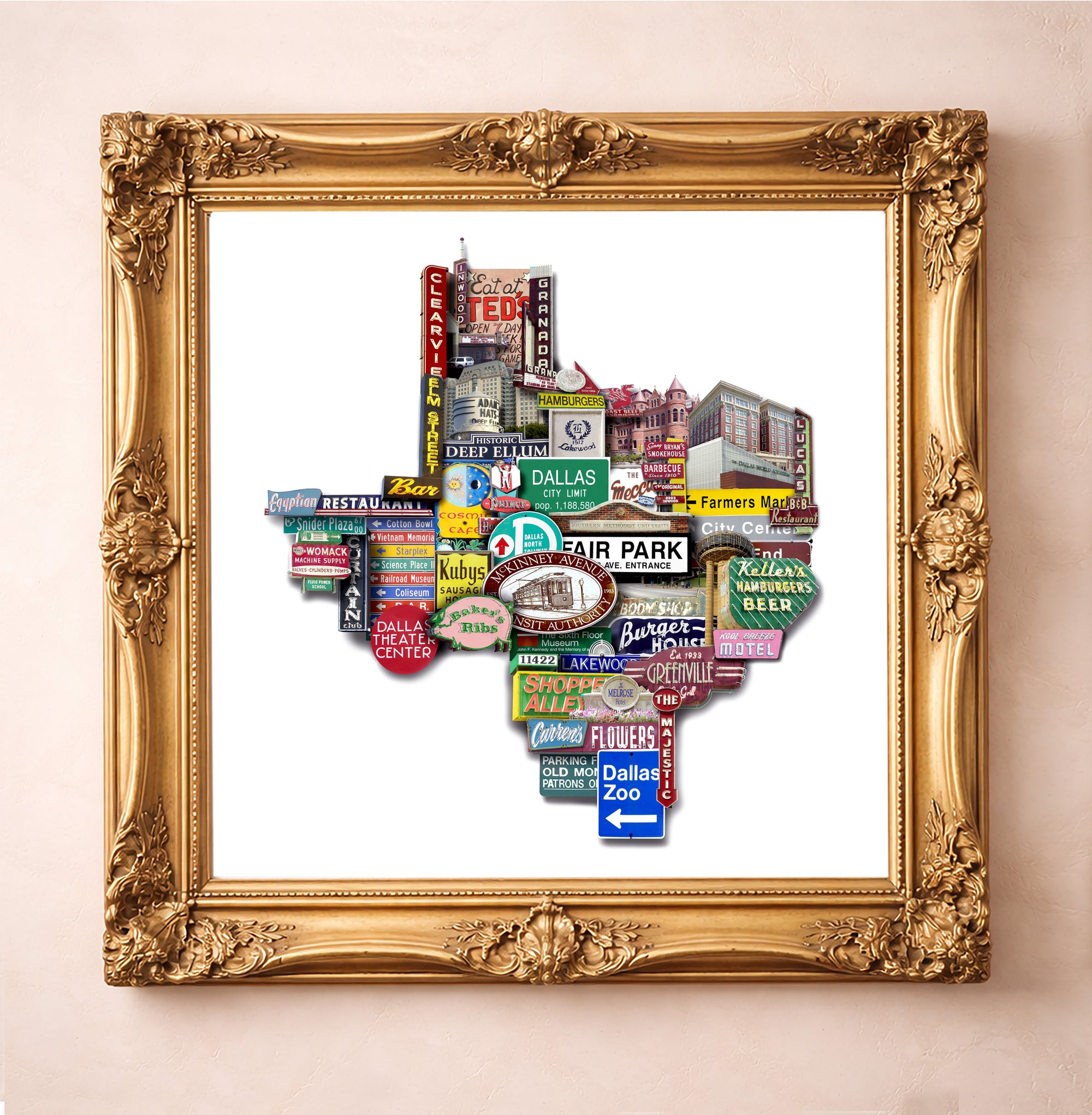 Dallas Art Texas Shape Photomontage by Carl Crum, inspired by a collage of original photographs pieced together to celebrate the signs, landmarks, and local character that make Dallas what it is, available at crumart.com. This museum quality print is made right here in Texas.