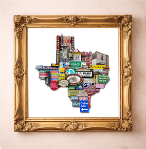 Dallas Art Texas Shape Photomontage by Carl Crum, inspired by a collage of original photographs pieced together to celebrate the signs, landmarks, and local character that make Dallas what it is, available at crumart.com. This museum quality print is made right here in Texas.