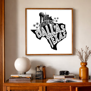 Dallas Office Art Greetings From Dallas Print by Carl Crum, inspired by retro postcard design, modern black-and-white graphics, and the recognizable landmarks that make Dallas feel like home. A great office piece and an easy gift for a coworker, a farewell, or someone moving to Dallas, available at crumart.com. This museum quality print is made right here in Texas.